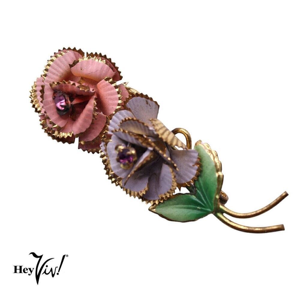 Vintage Enameled Flower Pin Brooch Made in Austria Pink and White 2.5" - Hey Viv